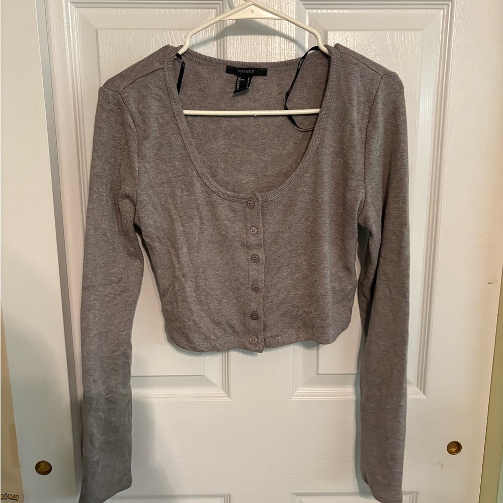 Forever 21 Heather Gray Cropped Button-Up Blouse
